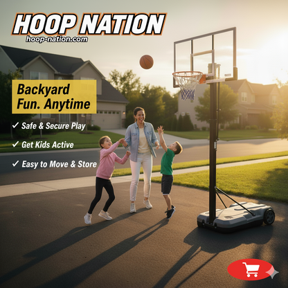 HoopNation 10ft Portable Basketball Hoop – Adjustable Height Stand w/ Shatterproof PC Backboard & Wheels